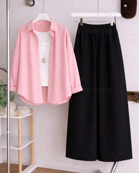 Button Down Shirt, White Tank Top and Black Wide Leg Trouser Pack Of Threes