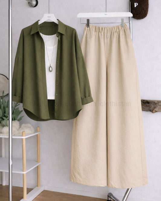 Button Down Shirt, White Tank Top and Beige Wide Leg Trouser Pack Of Threes