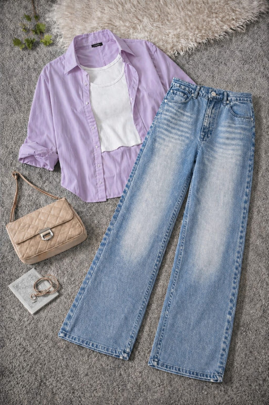 Button-Down Shirt, White Rib-Knitted Tank Top & Sky Blue Vintage Wide-Leg Jeans Pack of Three