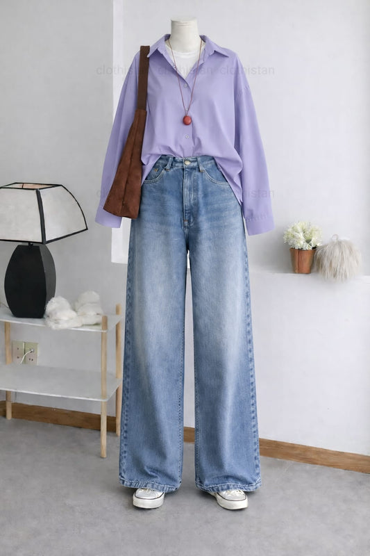 Button-Down Shirt & Ice blue Wide-Leg Vintage Jeans Pack of Two