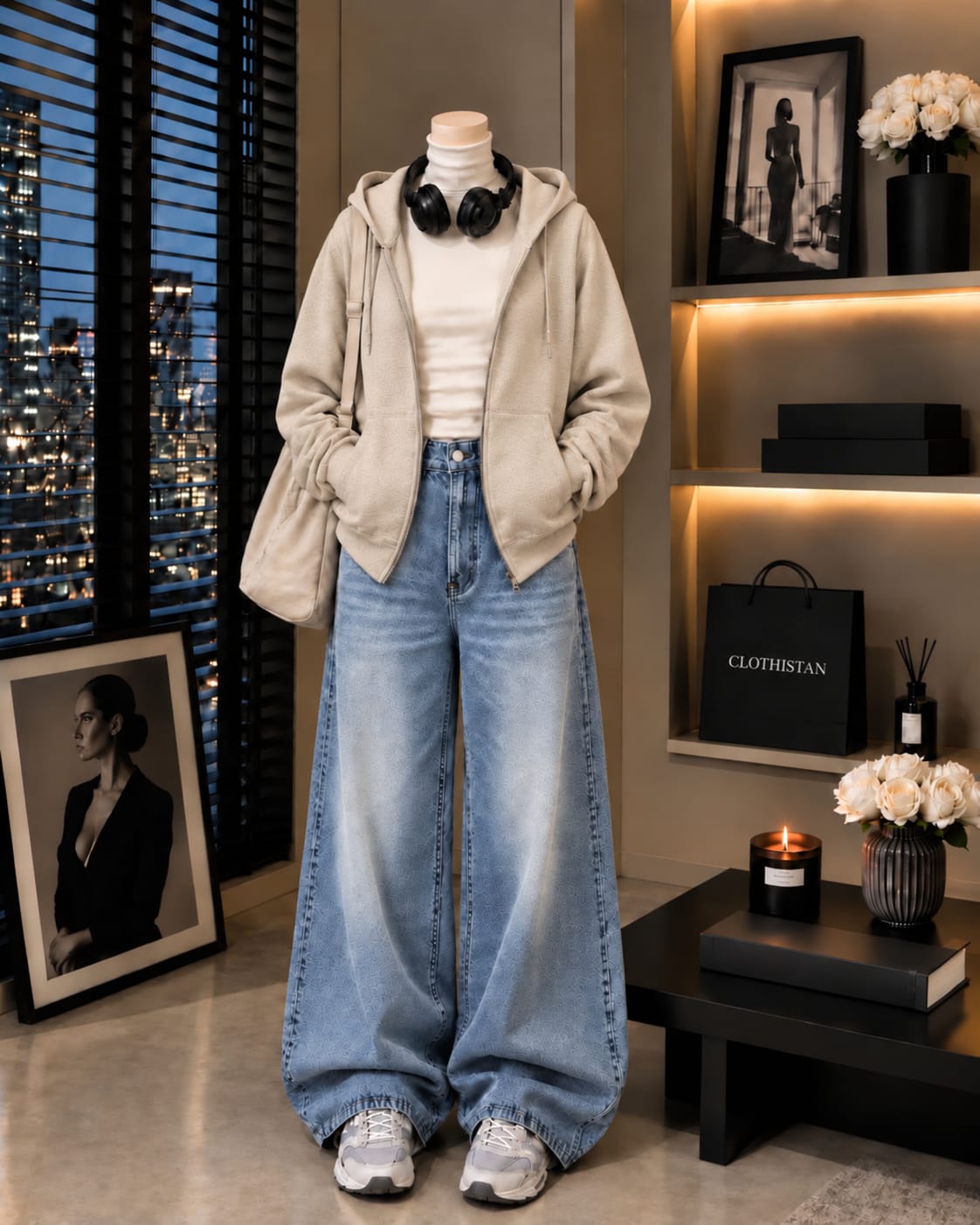 Zipper Hoodie, White Rib Net Highneck & Sky Blue Vintage Wide-Leg Jeans as Pack of Threes