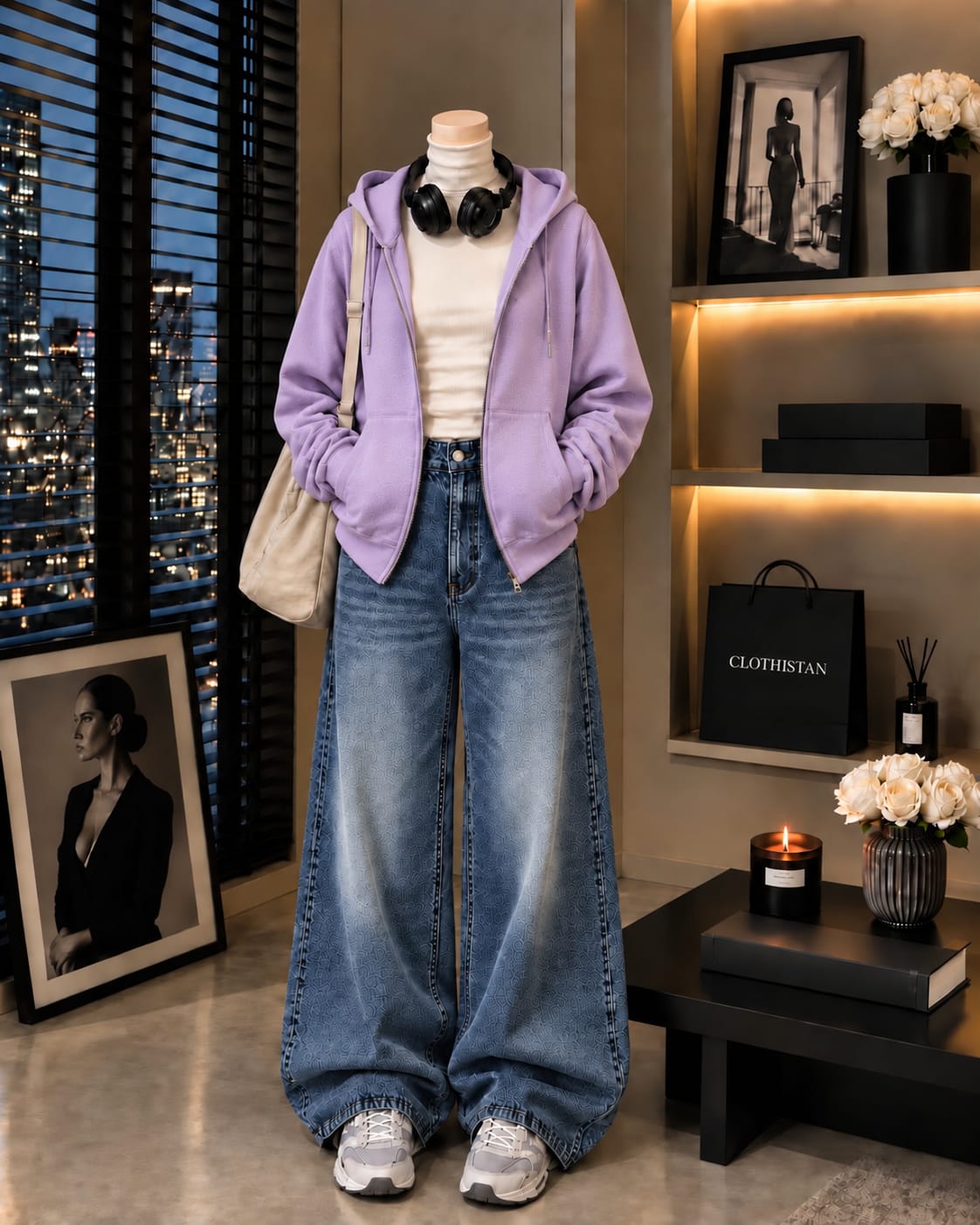 Zipper Hoodie, White Rib Net Highneck & Mid Blue Vintage Wide-Leg Jeans as Pack of Threes