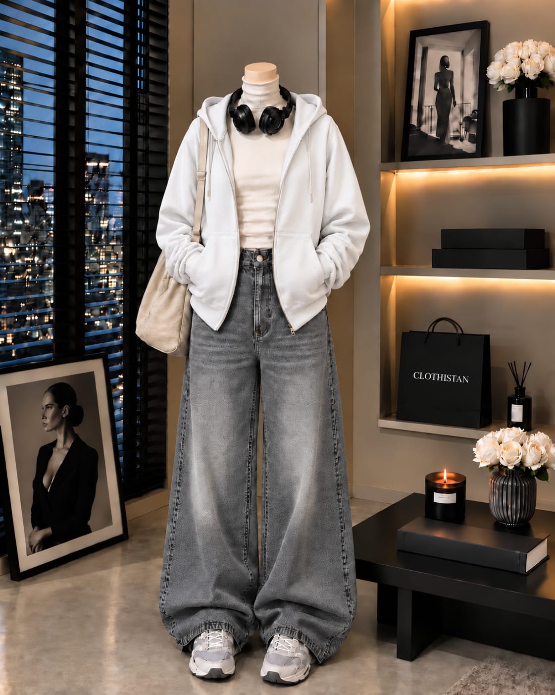 Zipper Hoodie, White Rib Net Highneck & Grey Vintage Wide-Leg Jeans as Pack of Threes