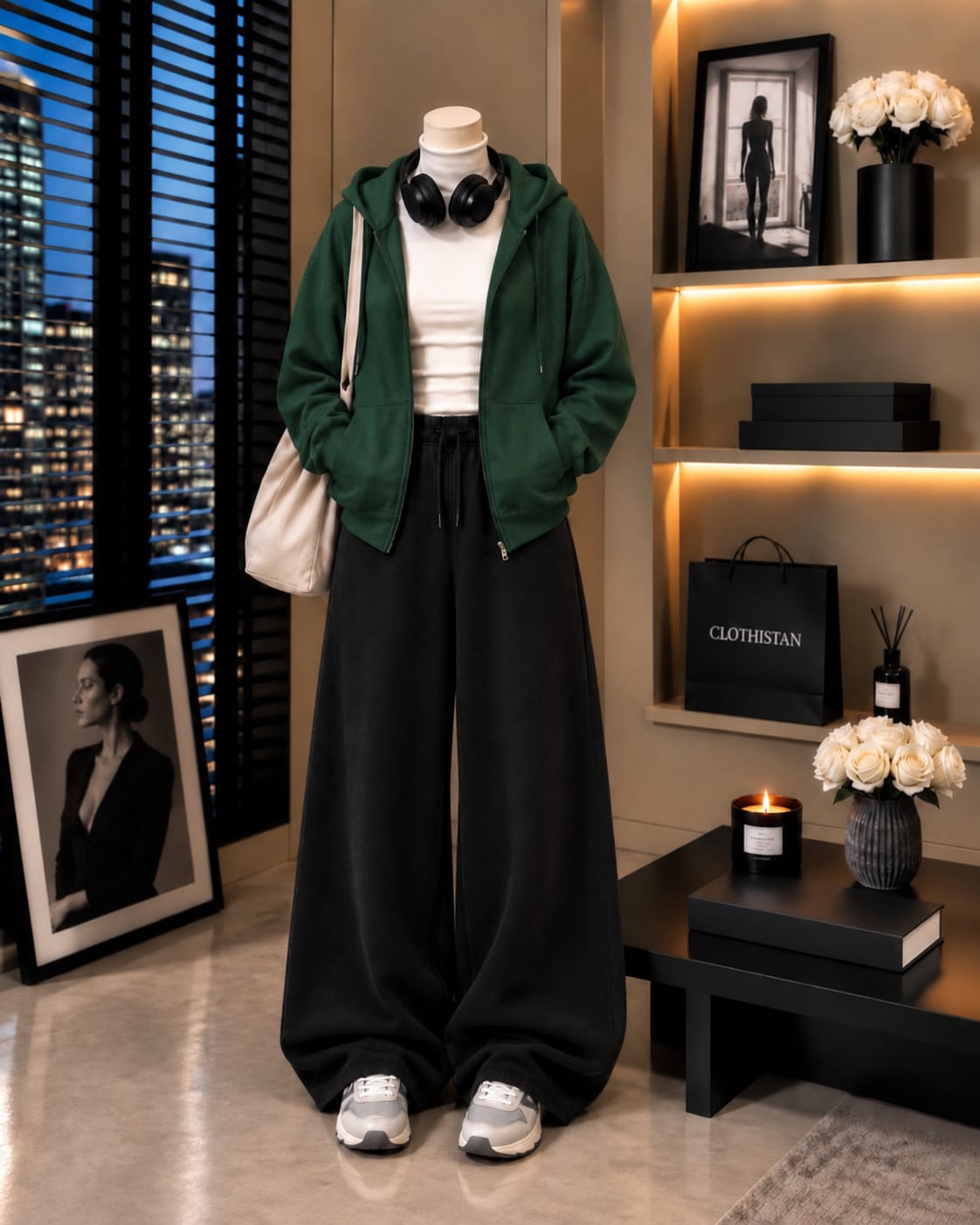 Zipper Hoodie,White Rib Net Highneck & Black Wide-Leg Trouser as Pack of Threes