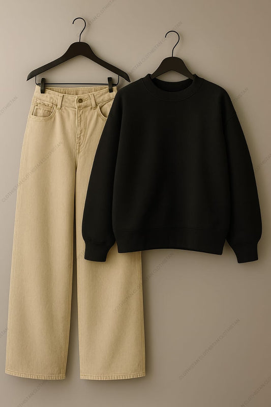 Sweatshirt & Beige Jeans Pack Of Two
