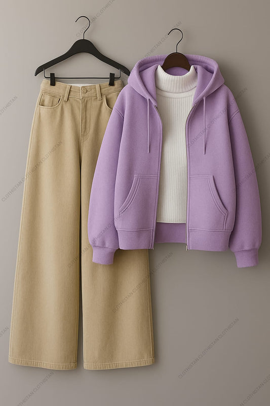 Zipper hoodie, White Highneck and Beige Wide Leg Jeans as Pack of three.