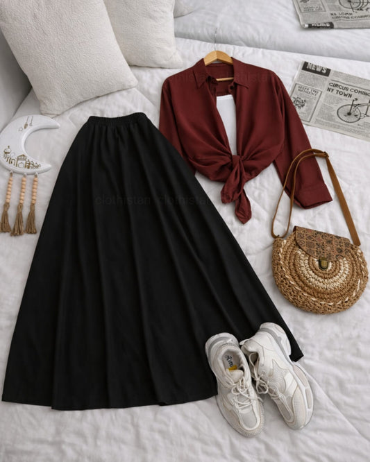 Button Down Shirt, White Tank Top And Black Umbrella Skirt - Pack of Threes