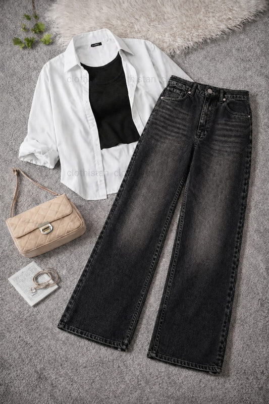 Button-Down Shirt, Black Rib-Knitted Tank Top & Black Vintage Wide-Leg Jeans Pack of Three