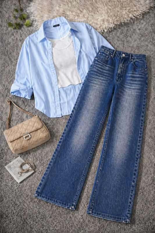 Button-Down Shirt, White Rib-Knitted Tank Top & Dark Mid blue Vintage Wide-Leg Jeans Pack of Three