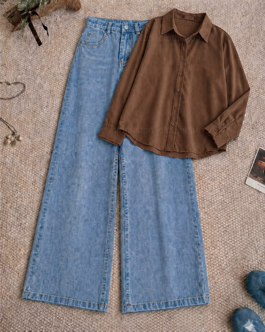 Button-Down Shirt & Sky blue Wide-Leg Jeans Pack of Two
