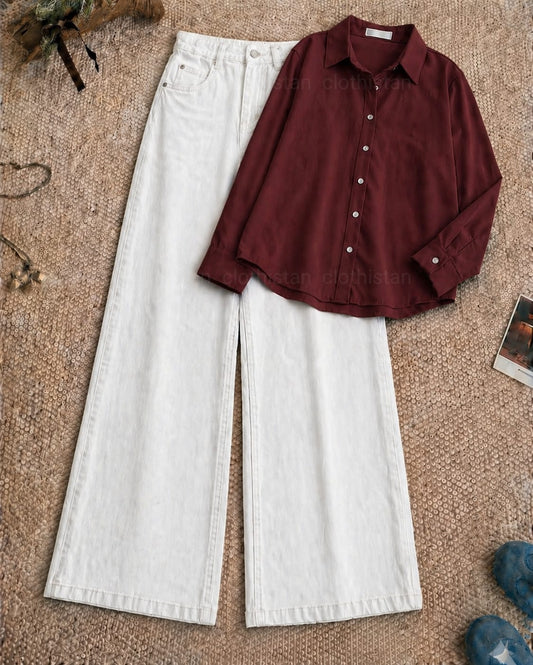 Button-Down Shirt & White Wide-Leg Jeans Pack of Two