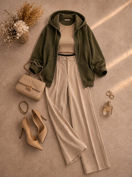 Zipper hoodie, Beige Tank top and Beige Formal Pants as pack of three