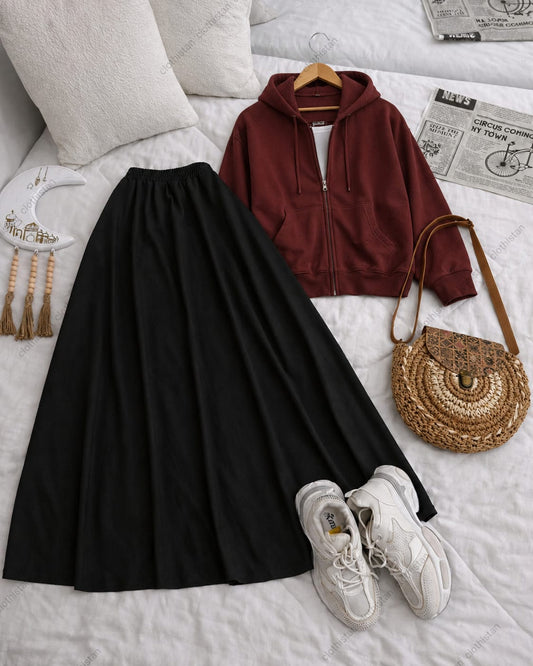 Zipper hoodie, White Tank top and Black Skirt as pack of three