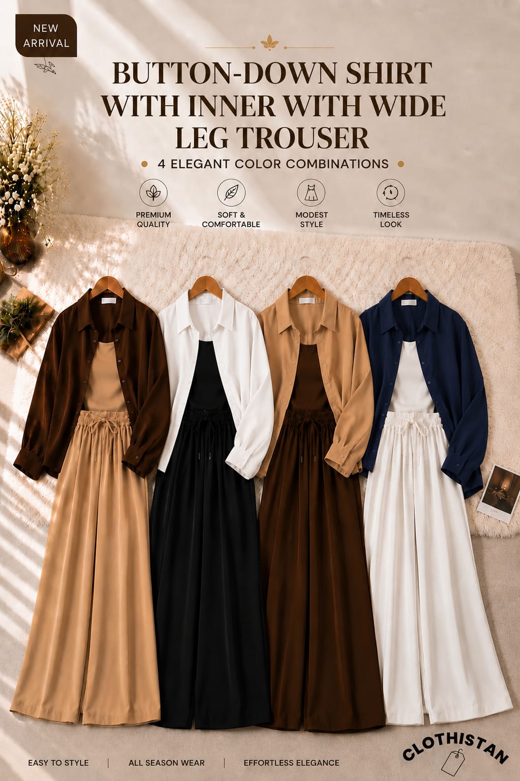 Button Down Shirt, Tank Top and Wide Leg Trouser as Pack Of Threes