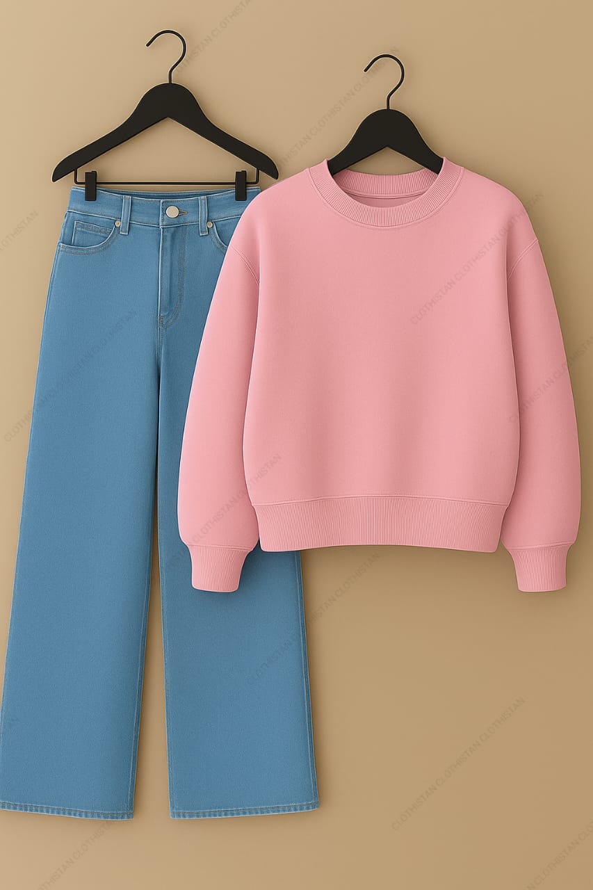 Sweatshirt & Sky Blue Wide leg Jeans Pack Of Two