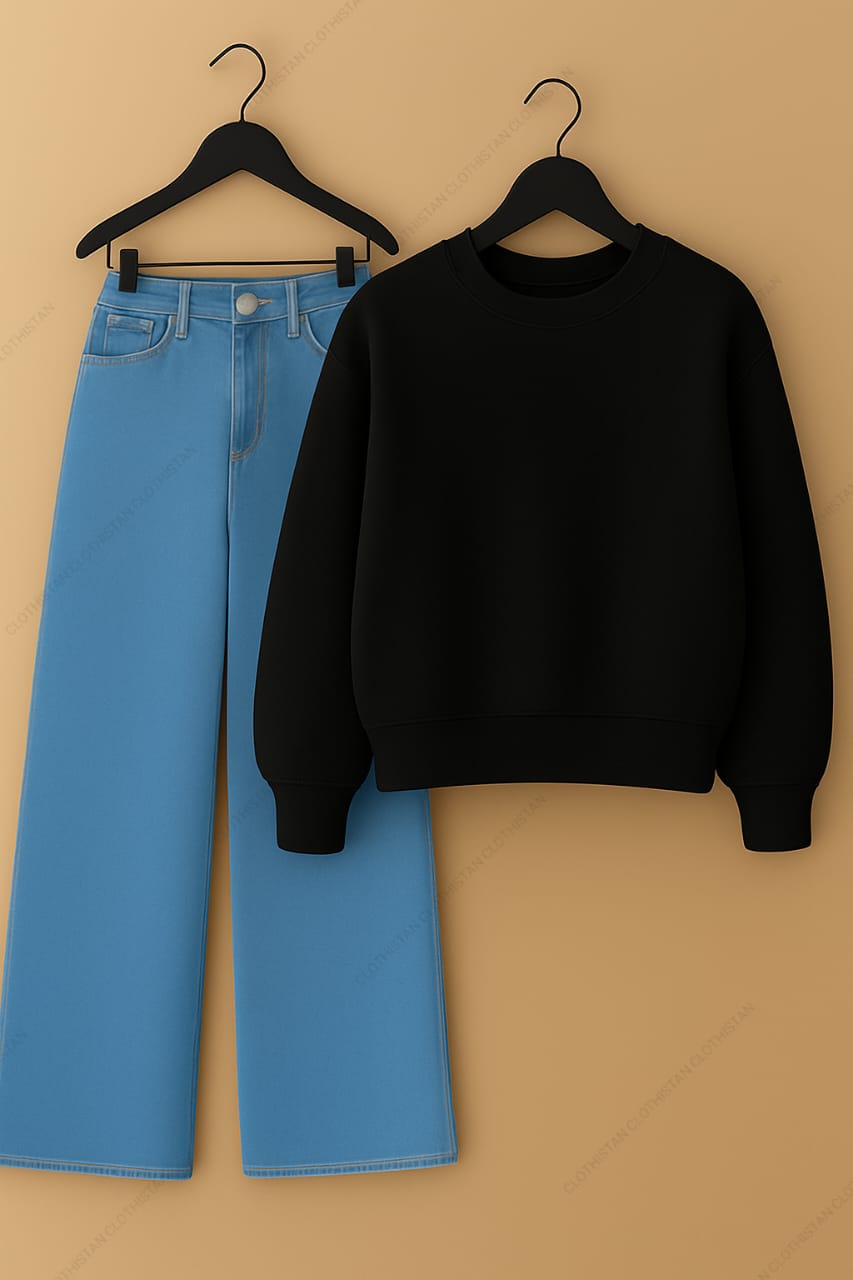 Sweatshirt & Sky Blue Wide leg Jeans Pack Of Two