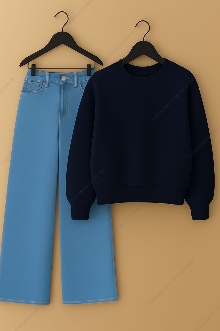 Sweatshirt & Sky Blue Wide leg Jeans Pack Of Two
