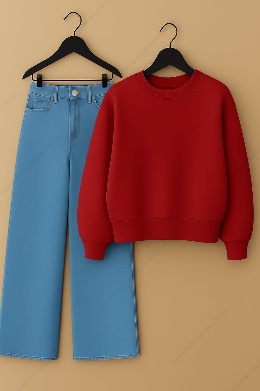Sweatshirt & Sky Blue Wide leg Jeans Pack Of Two