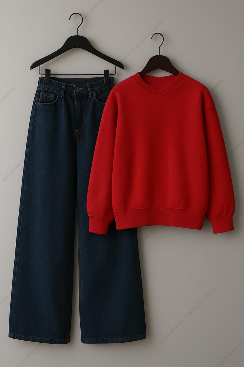 Sweatshirt & Dark Blue Wide leg Jeans Pack Of Two