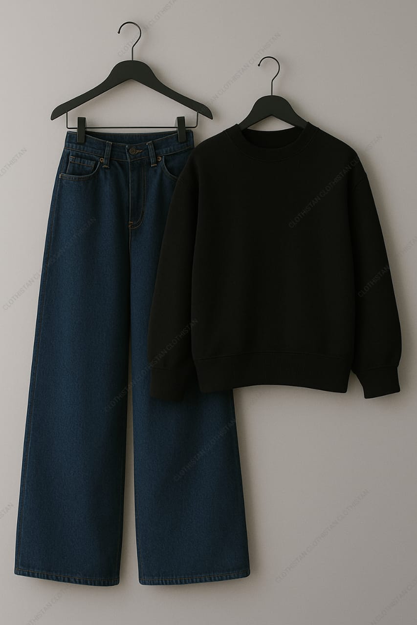 Sweatshirt & Dark Blue Wide leg Jeans Pack Of Two