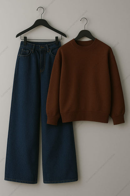 Sweatshirt & Dark Blue Wide leg Jeans Pack Of Two