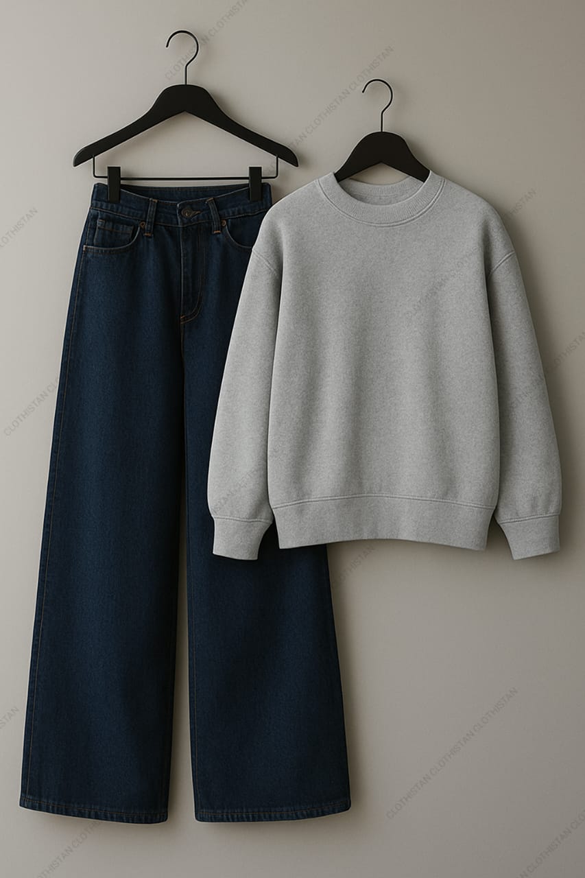 Sweatshirt & Dark Blue Wide leg Jeans Pack Of Two