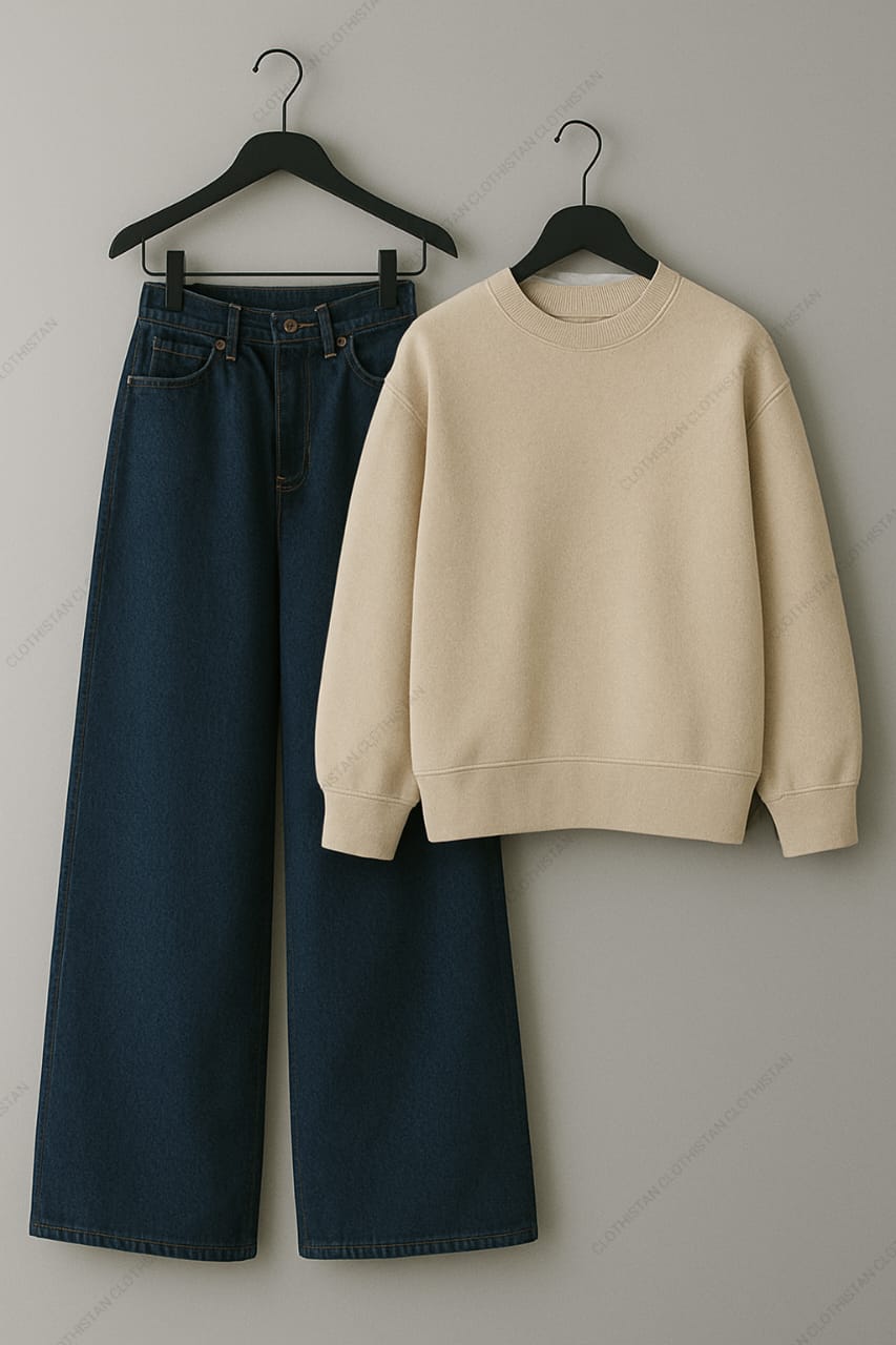 Sweatshirt & Dark Blue Wide leg Jeans Pack Of Two