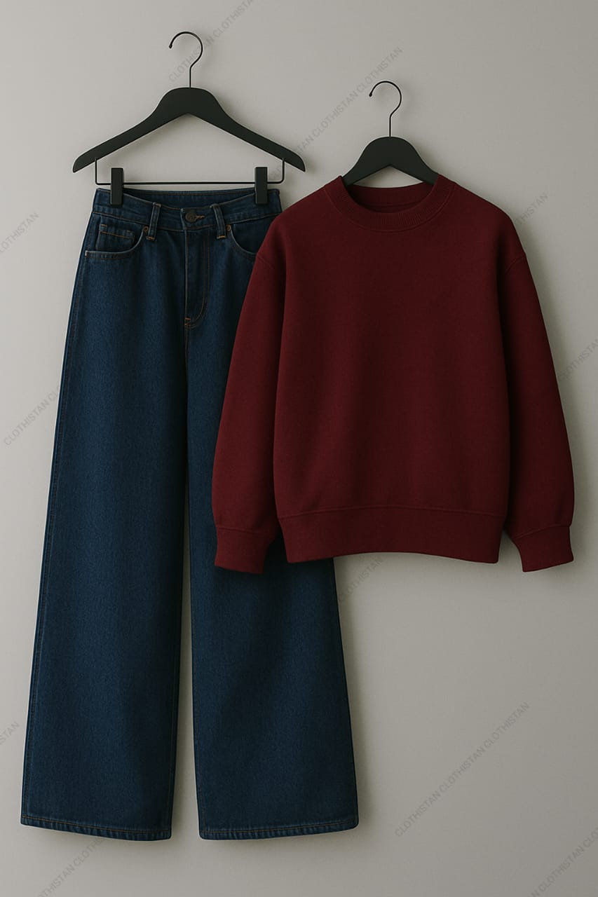 Sweatshirt & Dark Blue Wide leg Jeans Pack Of Two