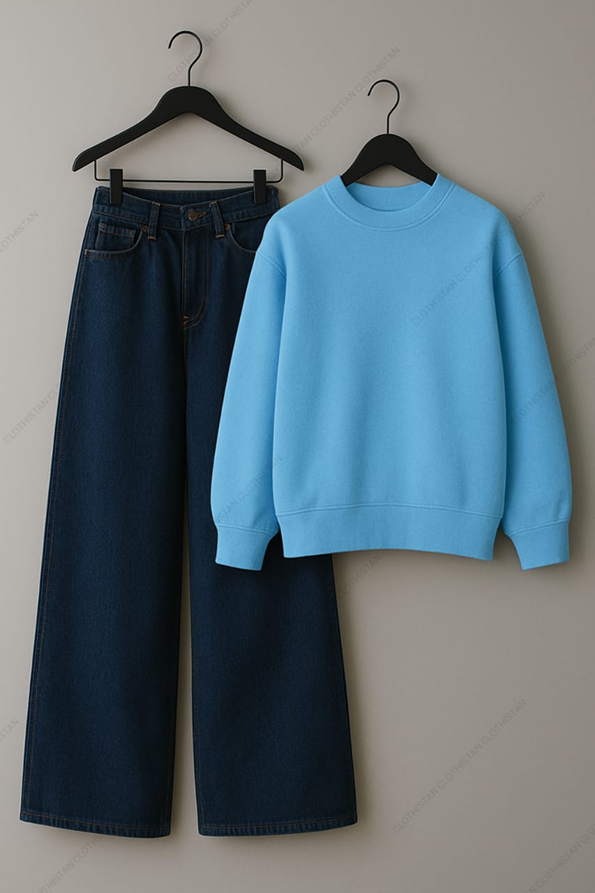 Sweatshirt & Dark Blue Wide leg Jeans Pack Of Two
