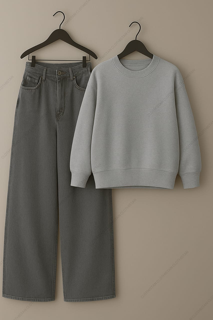 Sweatshirt & Grey Wide leg Jeans Pack Of Two