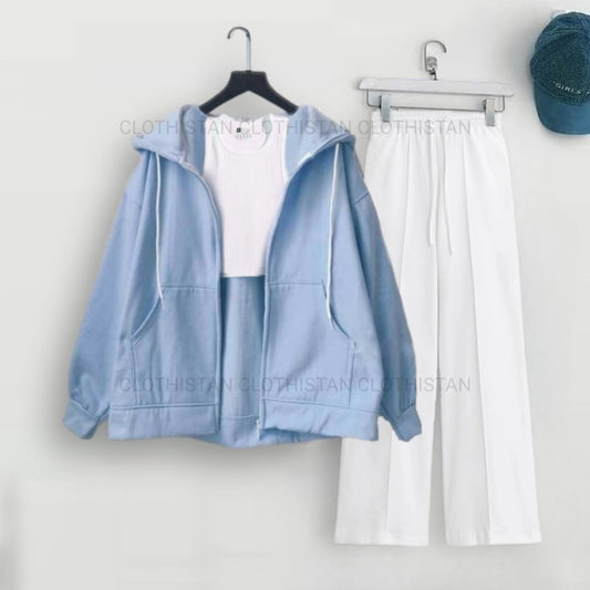 Sky Blue Zipper with White Tank Top & White Flapper Trouser