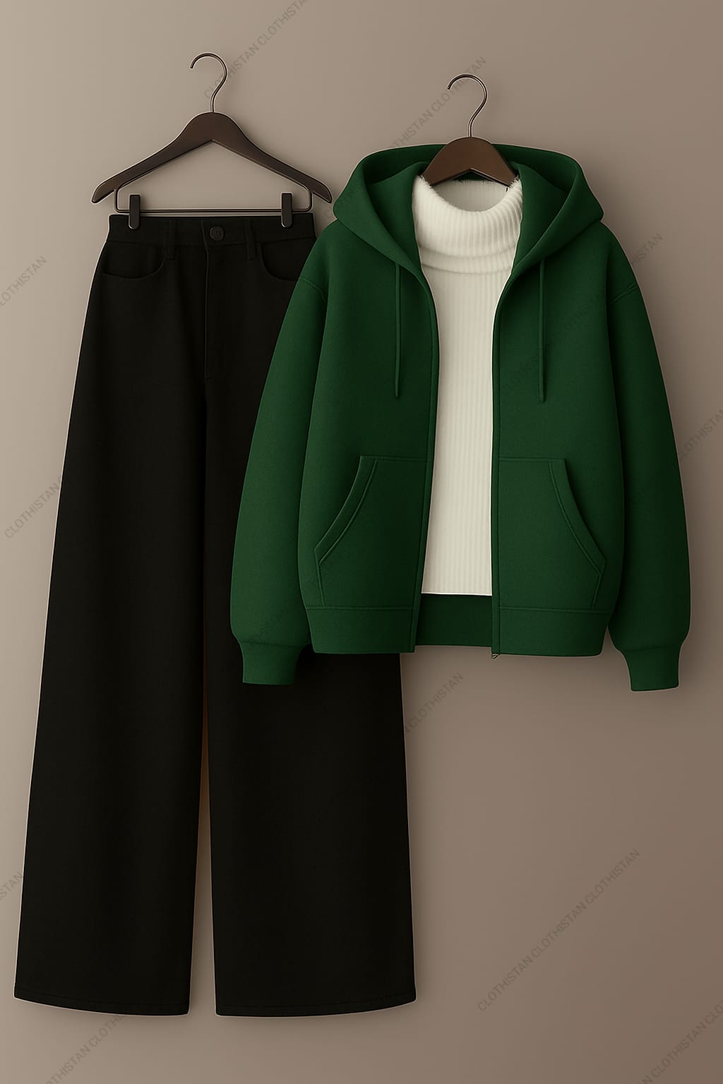 Zipper hoodie, White Highneck and Black Wide Leg Jeans as Pack of three.