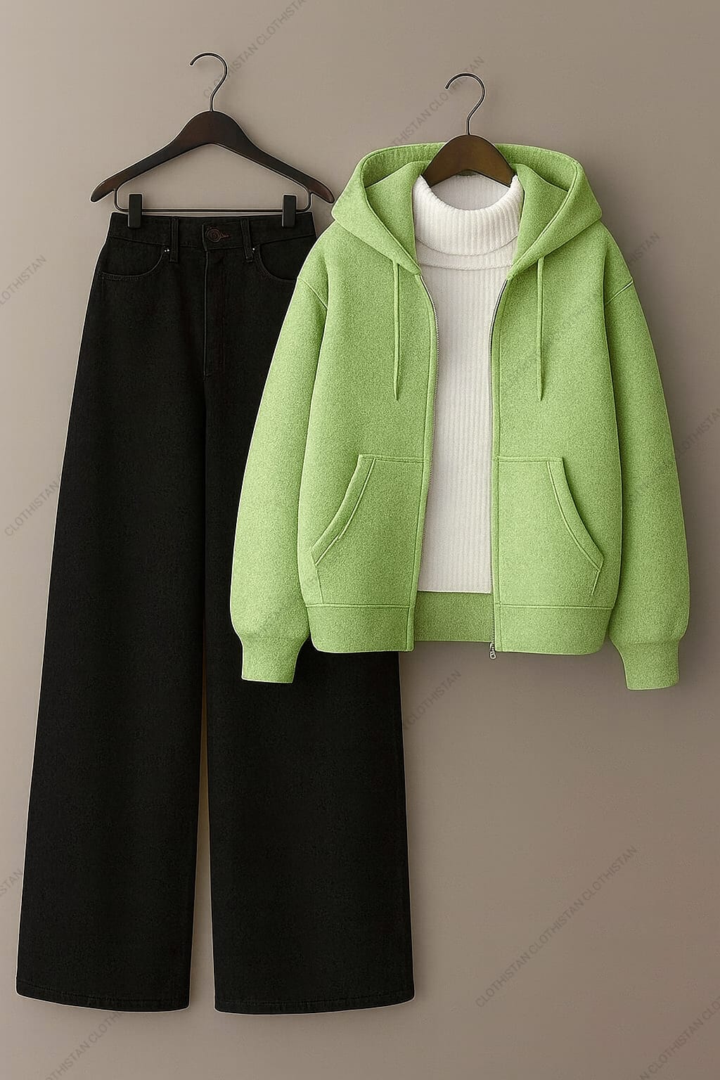 Zipper hoodie, White Highneck and Black Wide Leg Jeans as Pack of three.