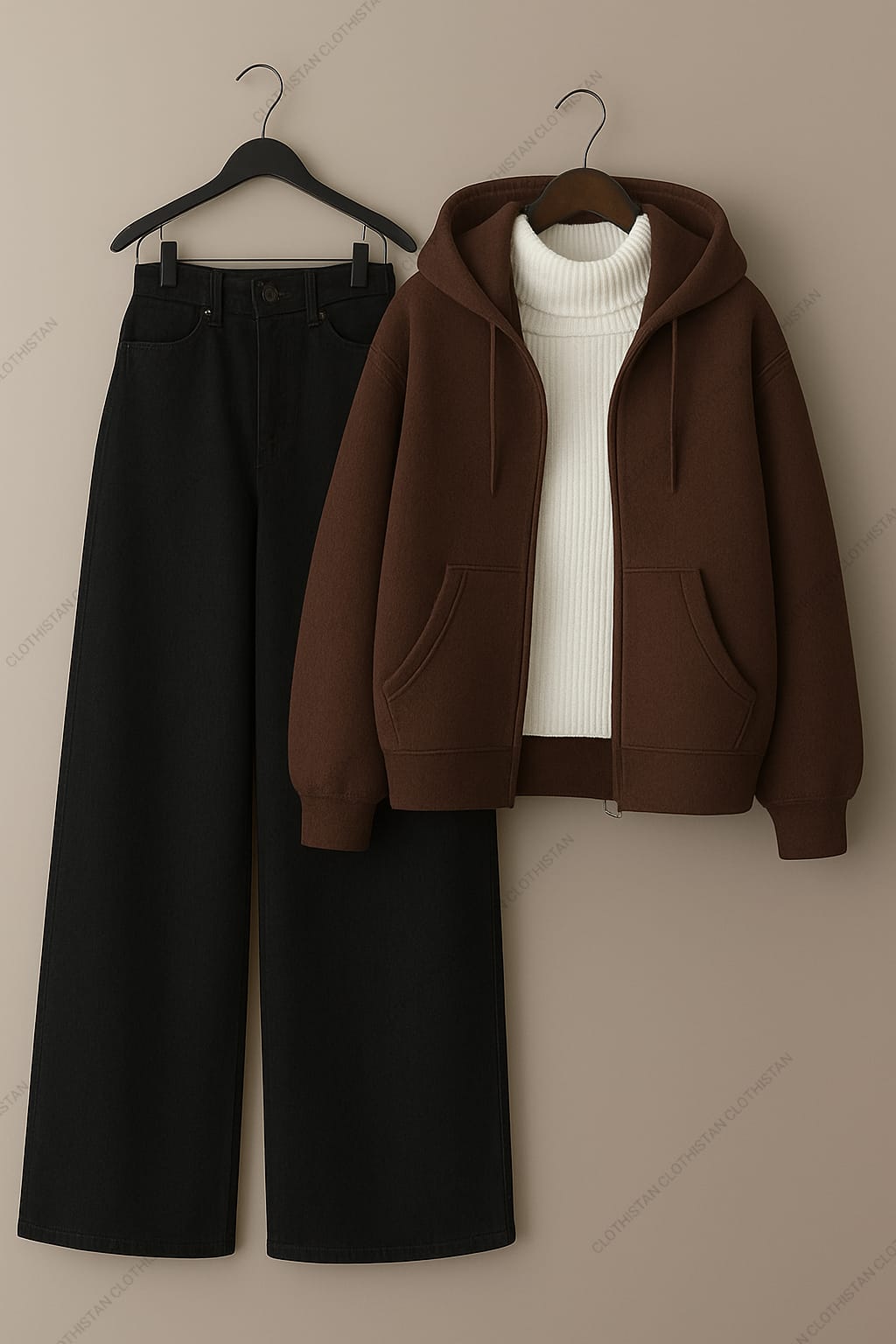 Zipper hoodie, White Highneck and Black Wide Leg Jeans as Pack of three.