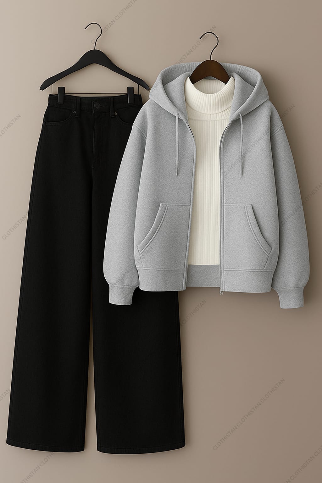Zipper hoodie, White Highneck and Black Wide Leg Jeans as Pack of three.