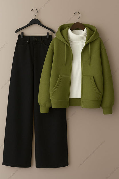 Zipper hoodie, White Highneck and Black Wide Leg Jeans as Pack of three.
