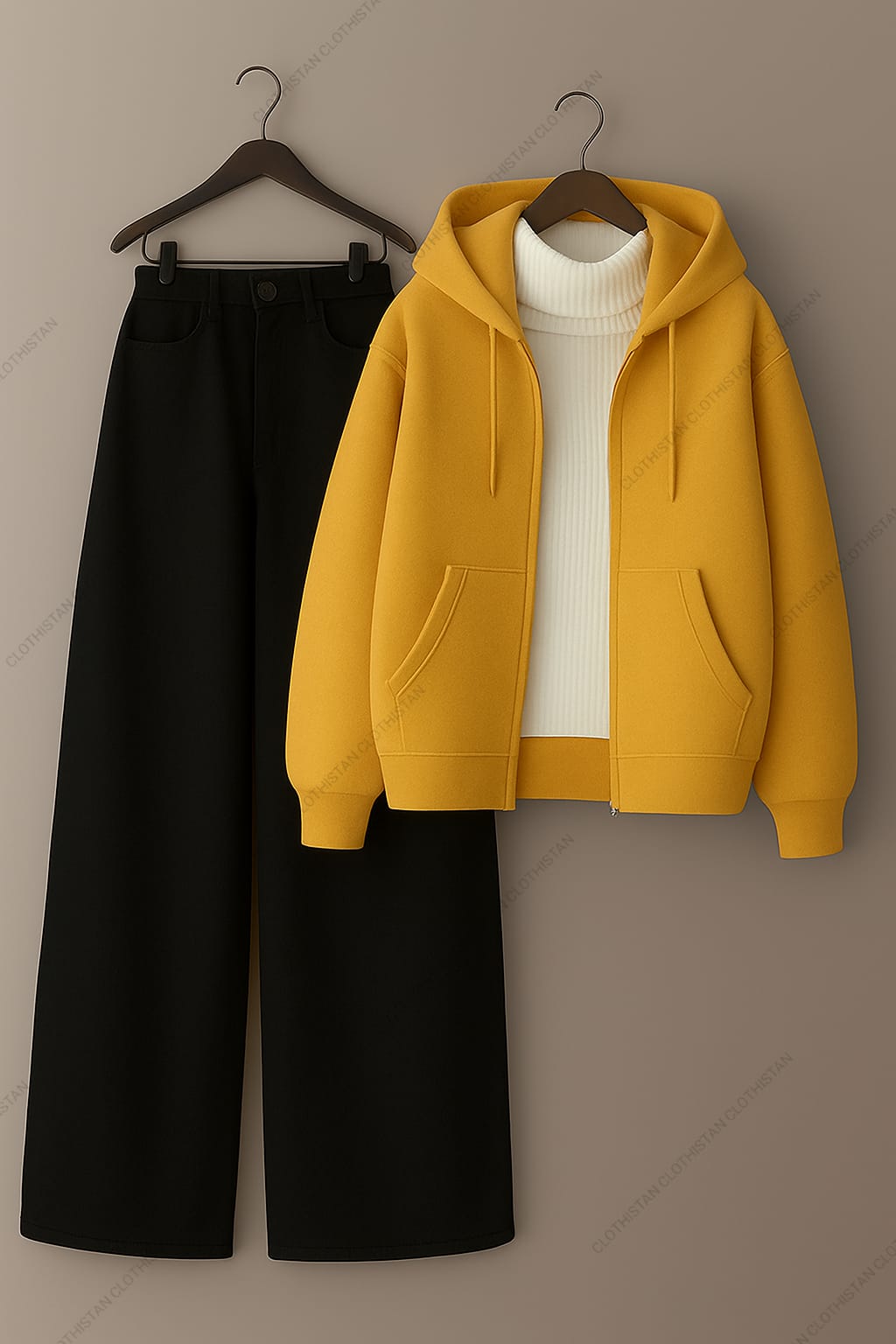 Zipper hoodie, White Highneck and Black Wide Leg Jeans as Pack of three.