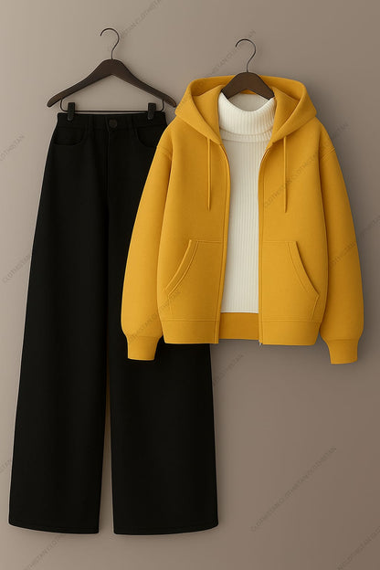 Zipper hoodie, White Highneck and Black Wide Leg Jeans as Pack of three.