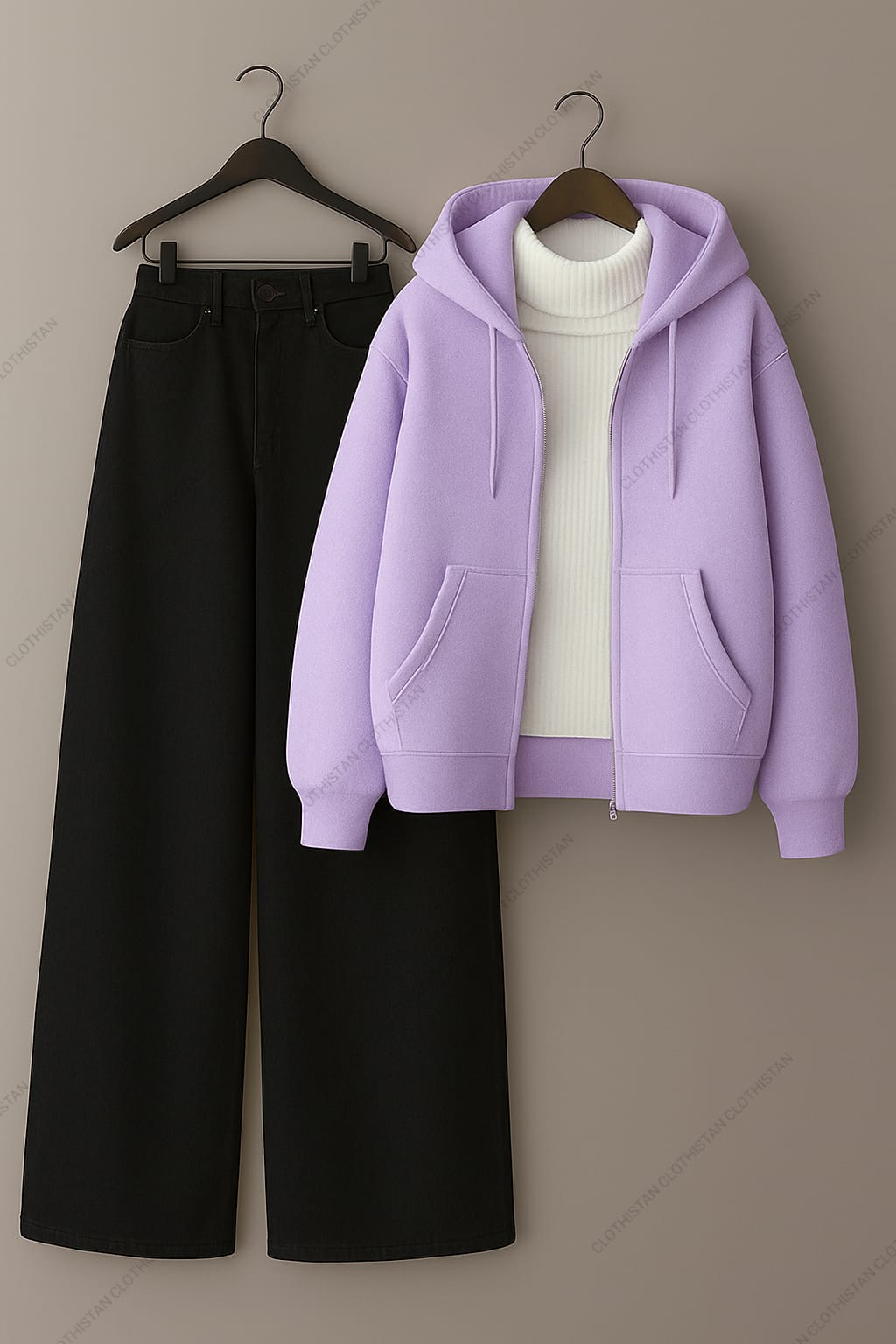 Zipper hoodie, White Highneck and Black Wide Leg Jeans as Pack of three.