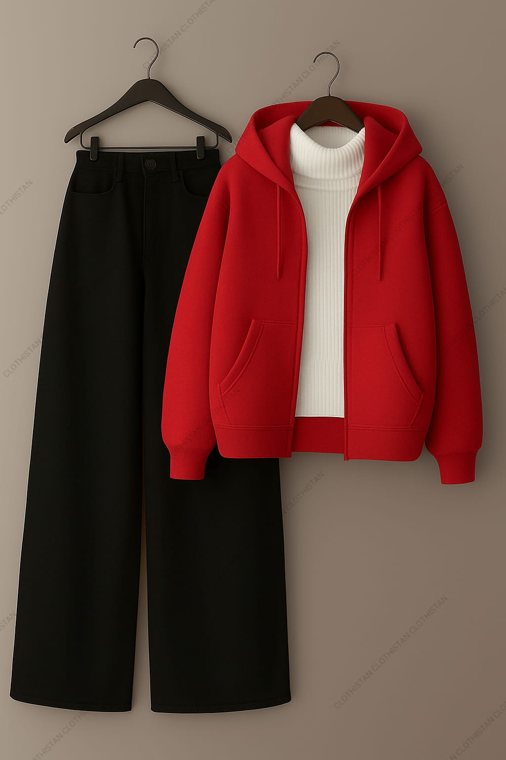 Zipper hoodie, White Highneck and Black Wide Leg Jeans as Pack of three.