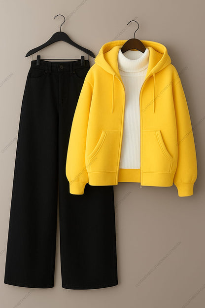 Zipper hoodie, White Highneck and Black Wide Leg Jeans as Pack of three.