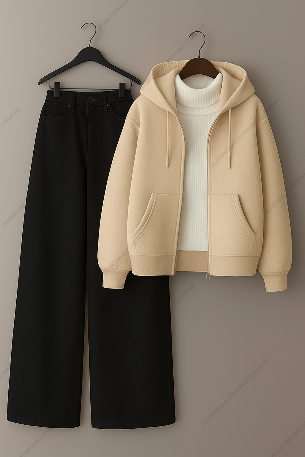 Zipper hoodie, White Highneck and Black Wide Leg Jeans as Pack of three.
