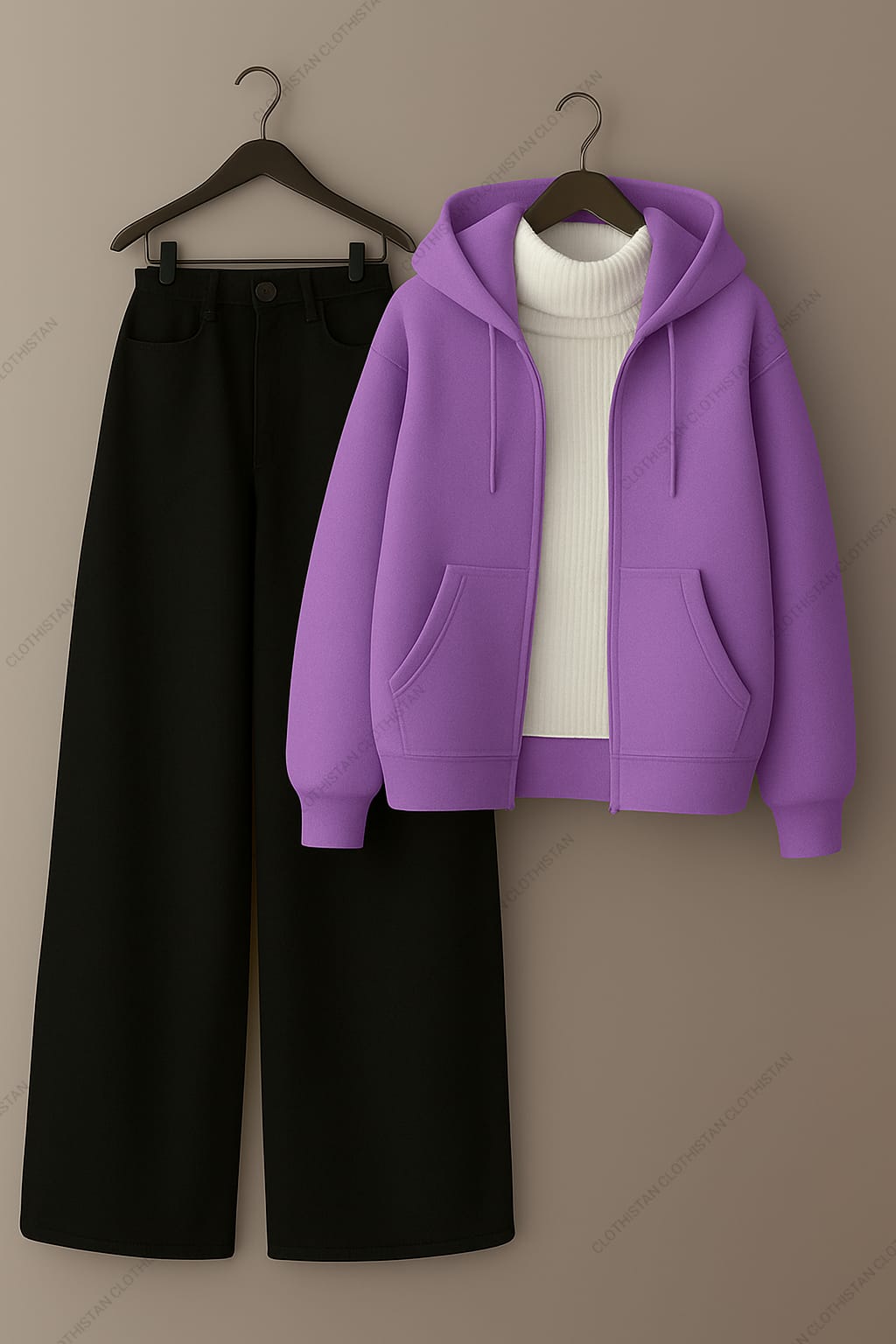 Zipper hoodie, White Highneck and Black Wide Leg Jeans as Pack of three.