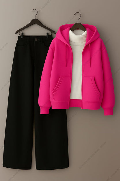 Zipper hoodie, White Highneck and Black Wide Leg Jeans as Pack of three.