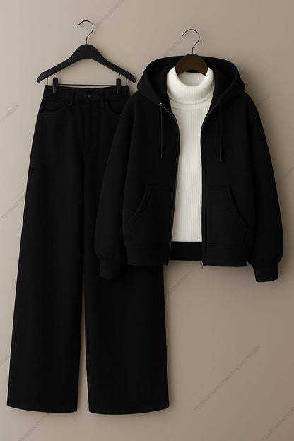 Zipper hoodie, White Highneck and Black Wide Leg Jeans as Pack of three.