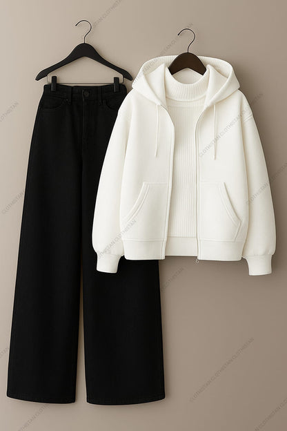 Zipper hoodie, White Highneck and Black Wide Leg Jeans as Pack of three.