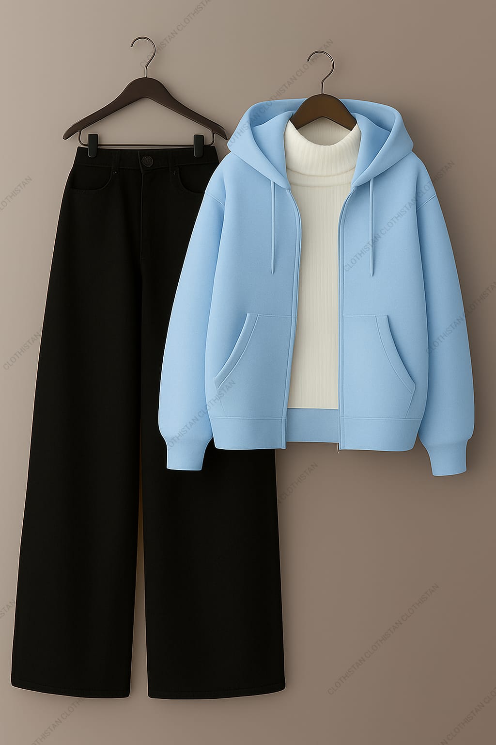 Zipper hoodie, White Highneck and Black Wide Leg Jeans as Pack of three.