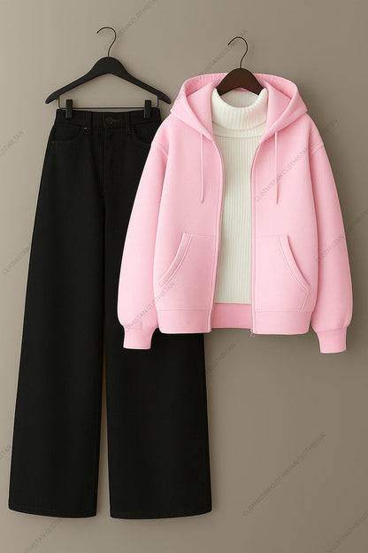 Zipper hoodie, White Highneck and Black Wide Leg Jeans as Pack of three.
