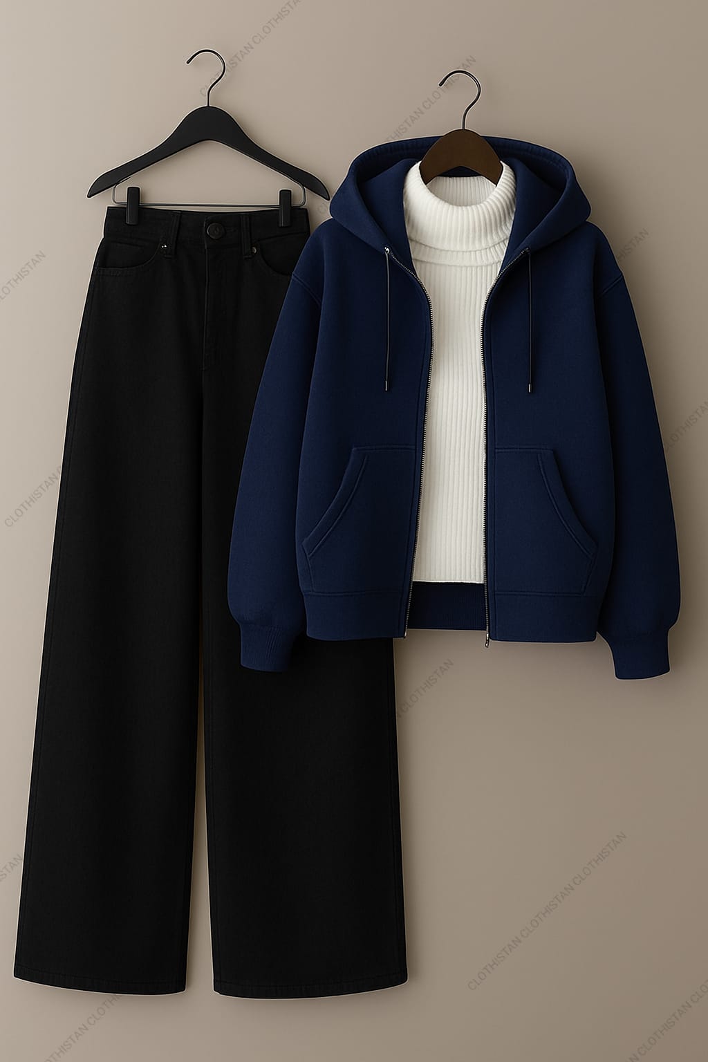Zipper hoodie, White Highneck and Black Wide Leg Jeans as Pack of three.