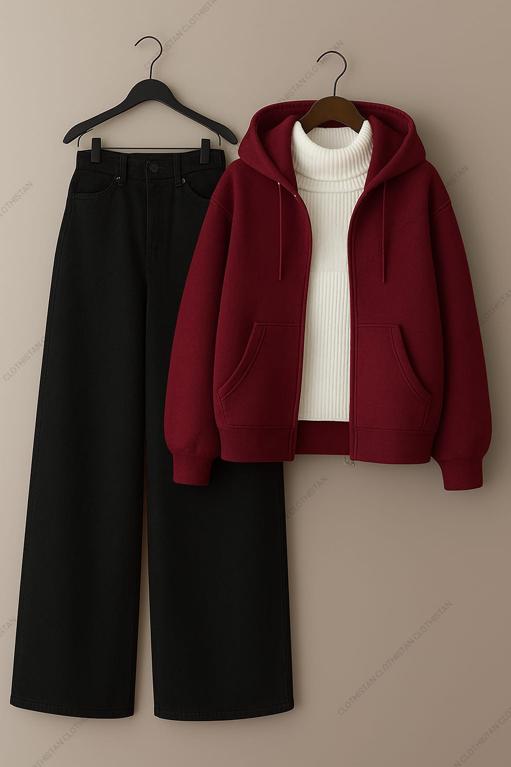 Zipper hoodie, White Highneck and Black Wide Leg Jeans as Pack of three.